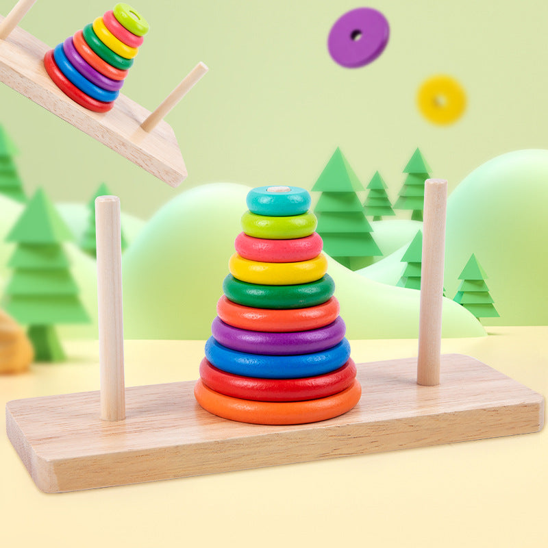 Colorful wooden stacking rings toy with a green forest background