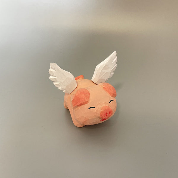 Hand-Carved Wooden Flying Pig Figurine
