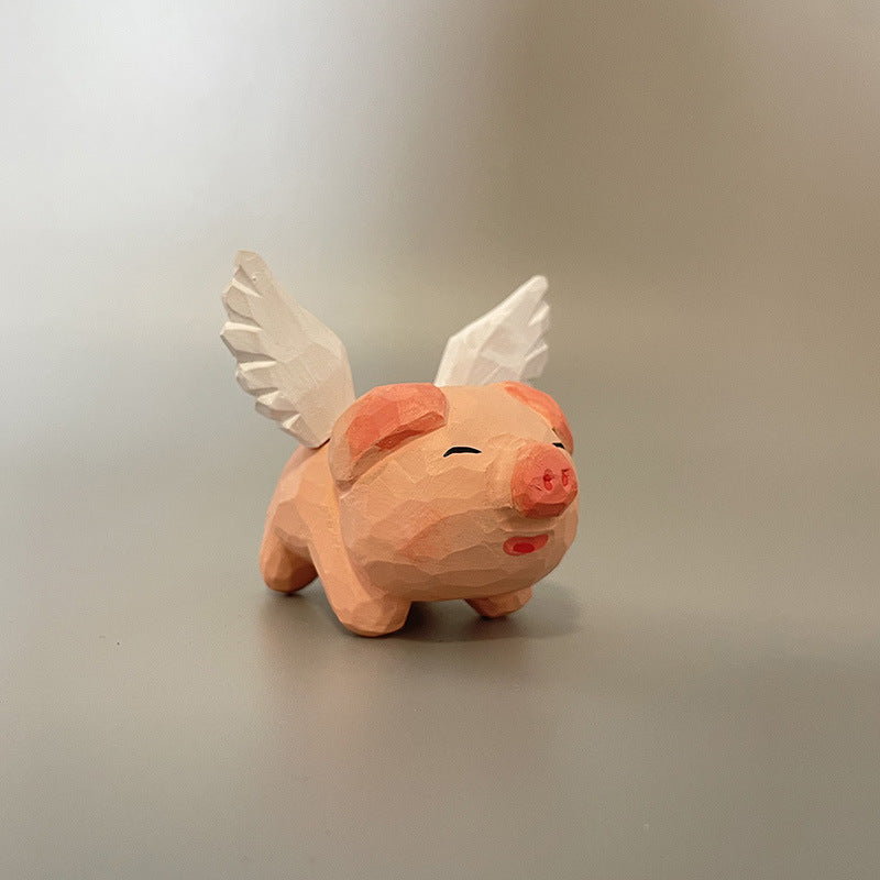 Hand-Carved Wooden Flying Pig Figurine