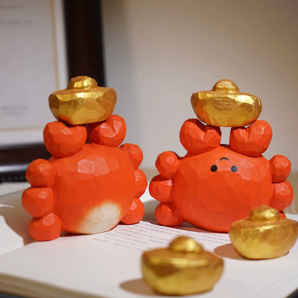 Hand-Carved Wooden Crab with Gold Ingot Ornament
