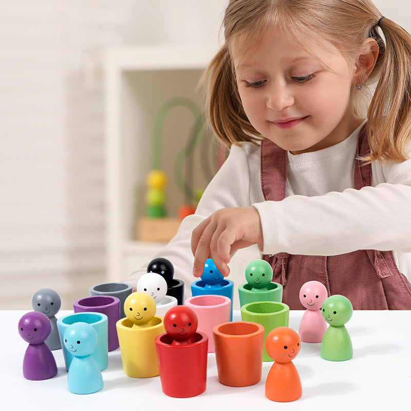 Rainbow Wooden Peg People & Color Matching Cups Set
