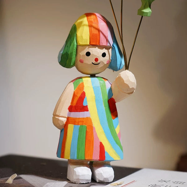 Hand-Carved Colorful Girl and Balloons Wooden Figurine FantastiKurios