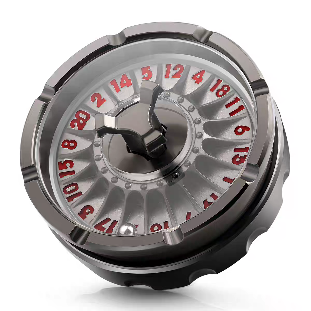 Close-up of a metallic roulette wheel on a white background