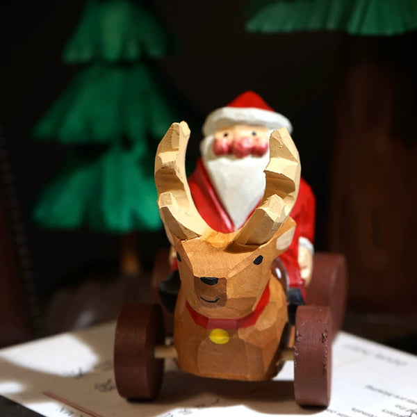Hand-Carved Wooden Santa and Reindeer Sleigh Ornament FantastiKurios