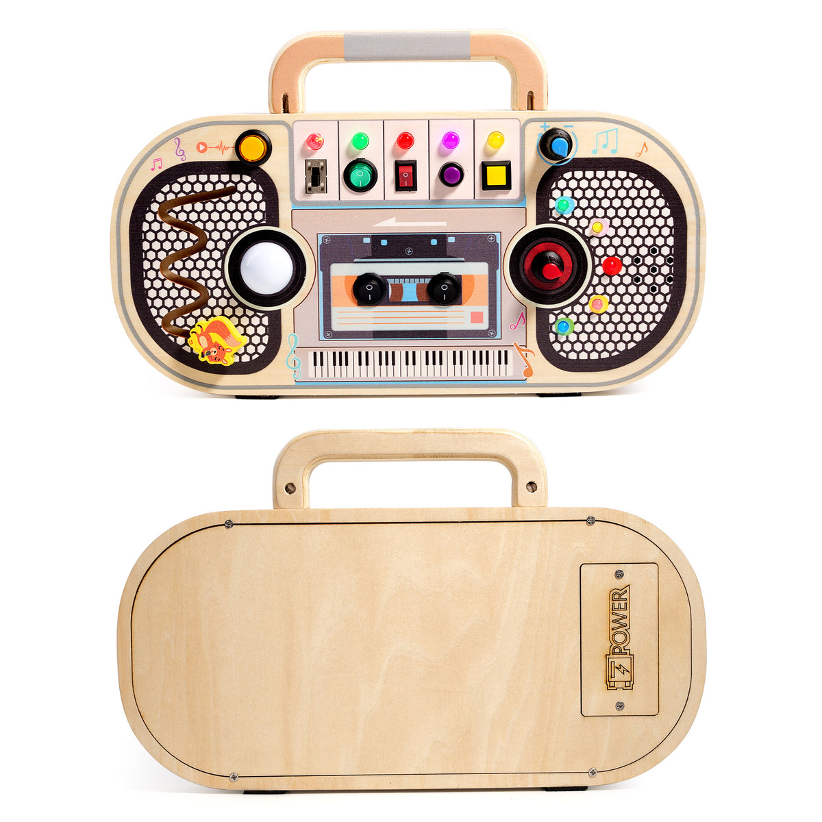 Retro Wooden Boombox Busy Board with LED Lights and Switches