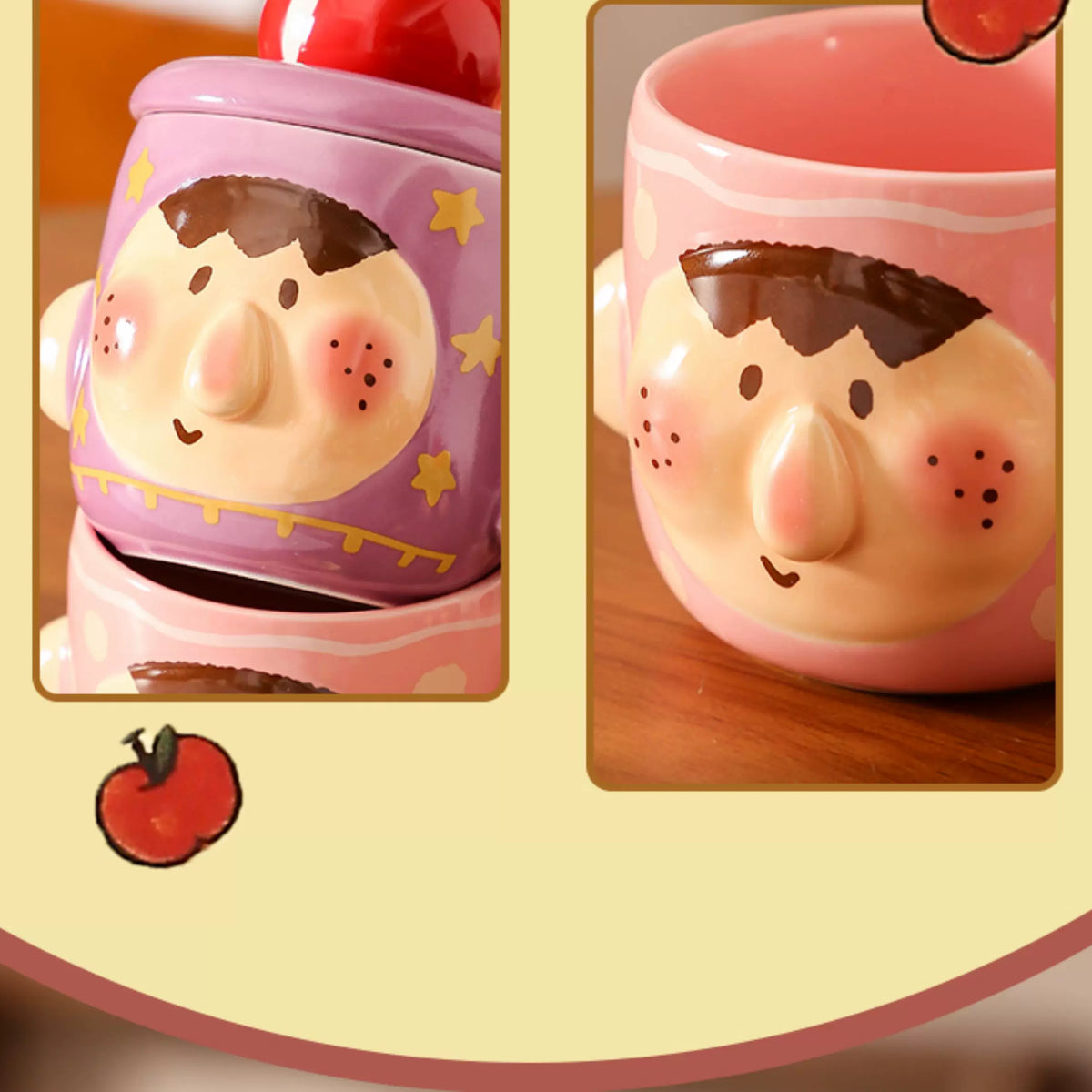 Ceramic Apple Face Mug with 3D Lid and Spoon Set