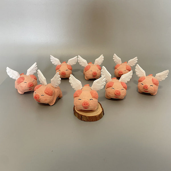 Hand-Carved Wooden Flying Pig Figurine