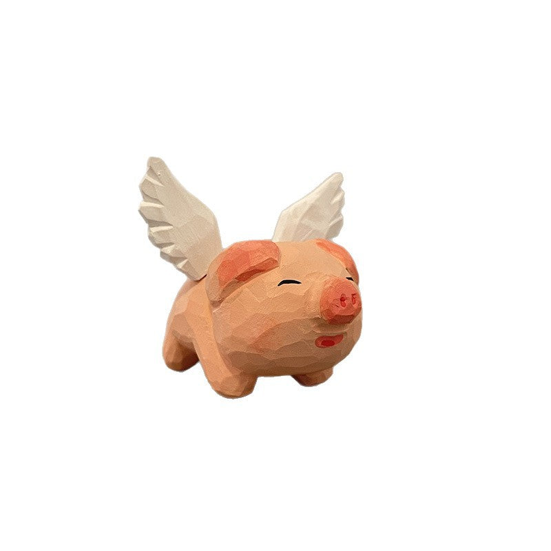 Hand-Carved Wooden Flying Pig Figurine