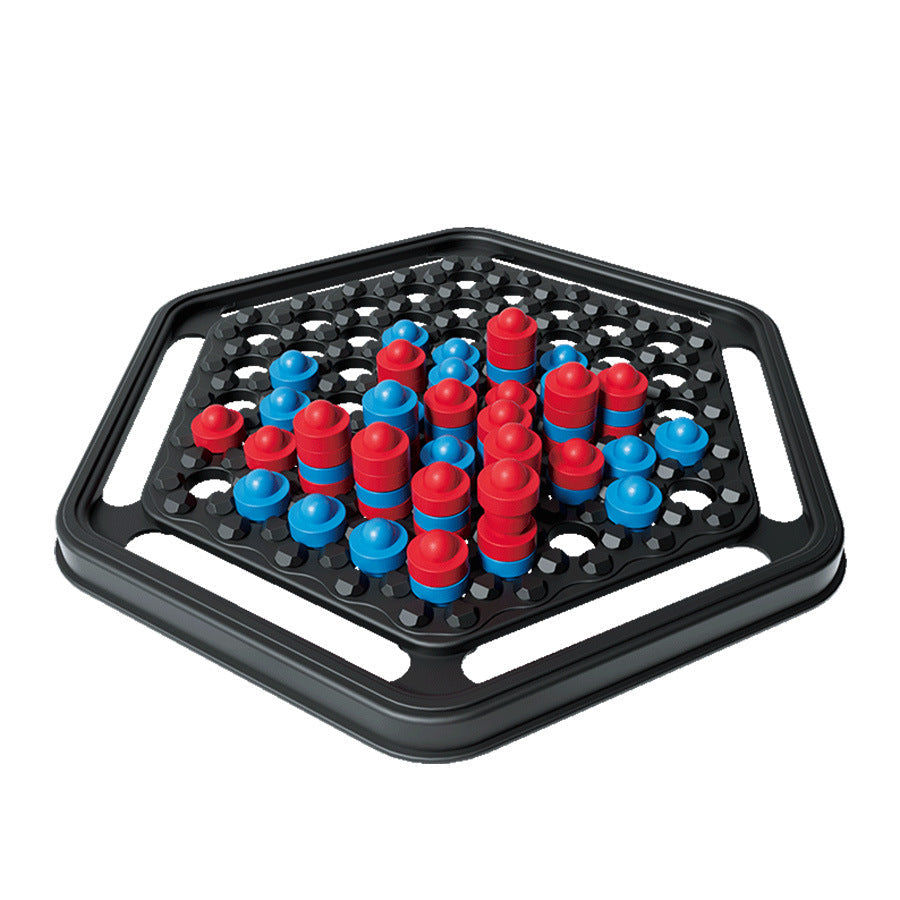 Board game with red and blue pieces on a black tray