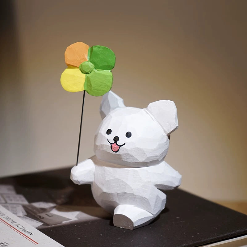Hand-Carved Wooden Playful Puppy Figurine