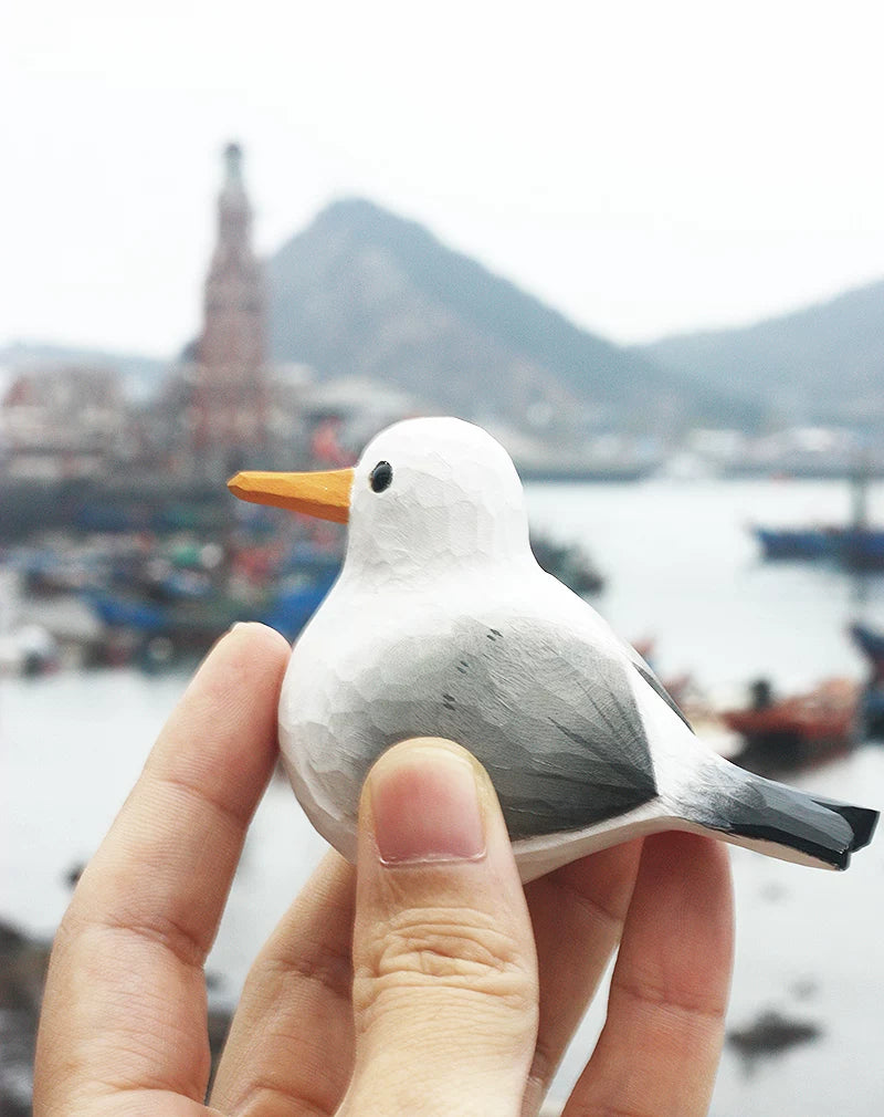 Hand-Carved Wooden Seagull with French Fries Ornament