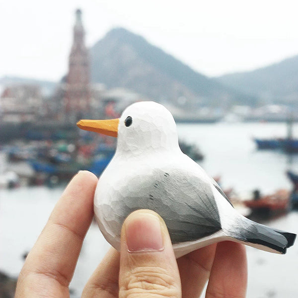 Hand-Carved Wooden Seagull with French Fries Ornament