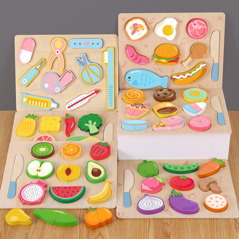Wooden toy set with food and medical themed pieces on a wooden surface.