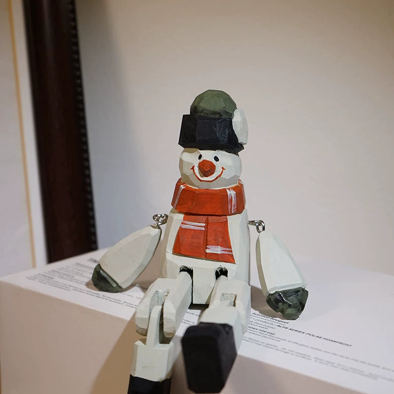 Hand-Painted Wooden Sitting Snowman Figurine with Jointed Legs FantastiKurios
