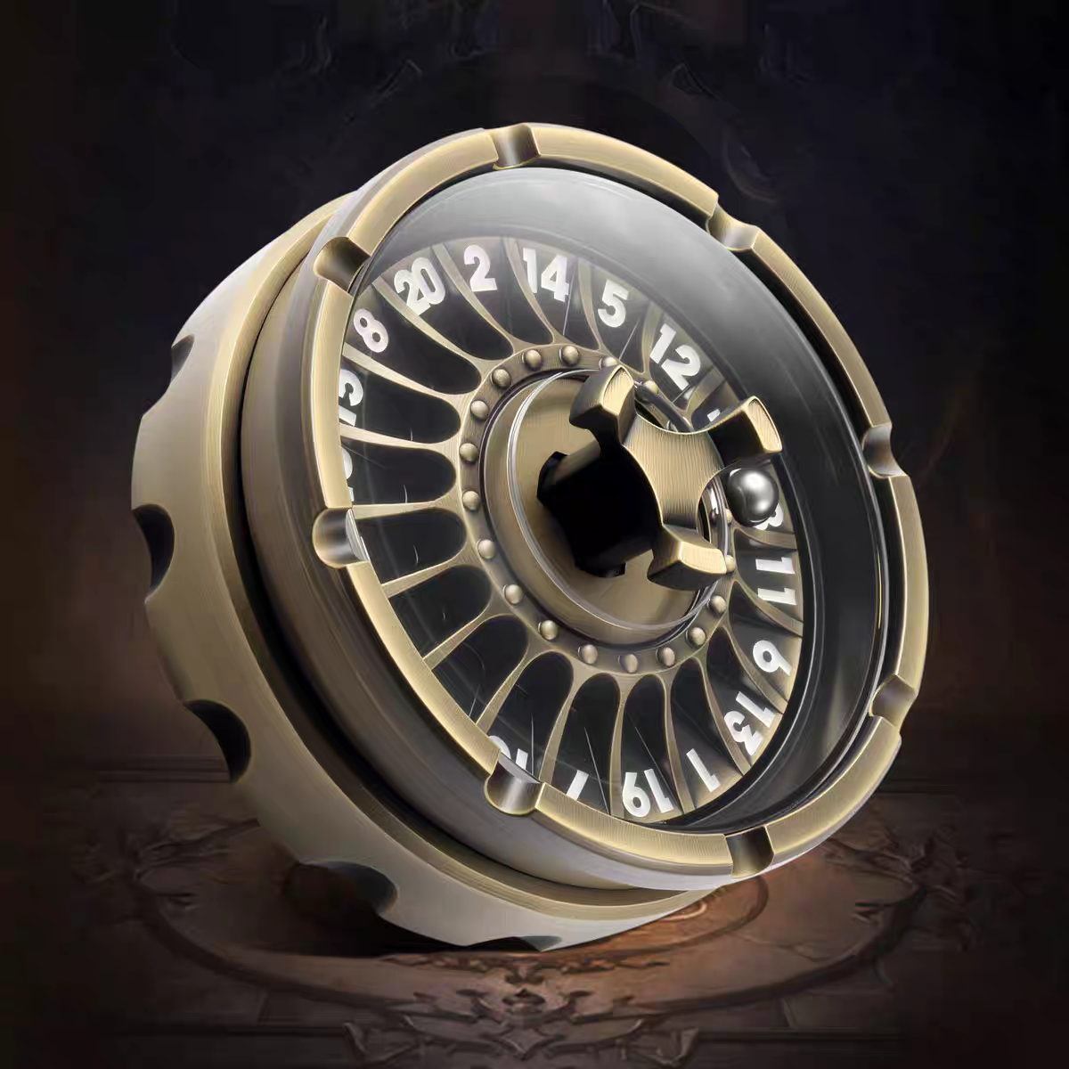 Close-up of a mechanical wheel with numbers on a dark background