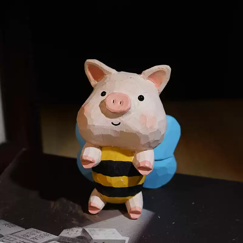 Hand-Carved Wooden Bee Pig Figurine FantastiKurios