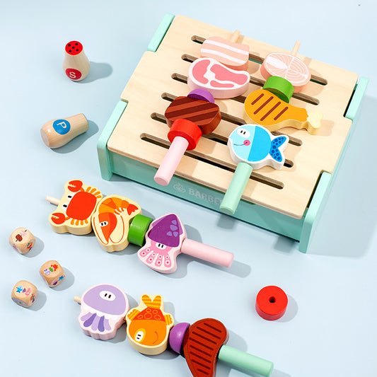 Colorful wooden toy set with various shapes and designs on a light blue background