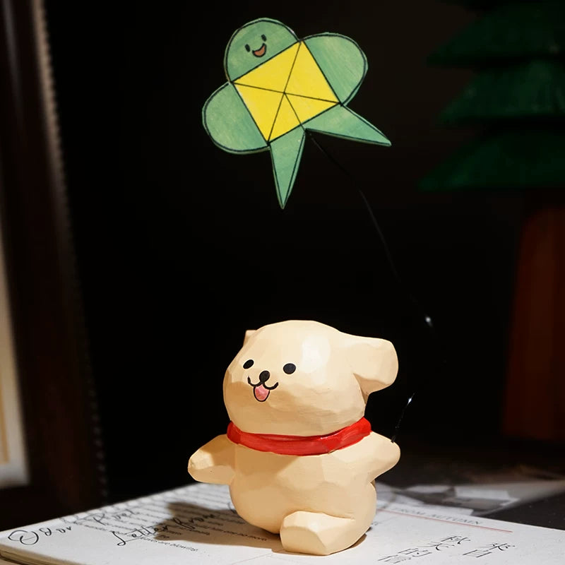 Hand-Carved Wooden Playful Puppy Figurine