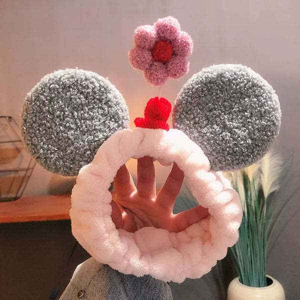 Plush Mouse Ears & Flower Skincare Headband