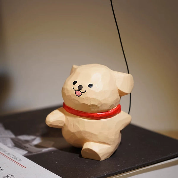 Hand-Carved Wooden Playful Puppy Figurine