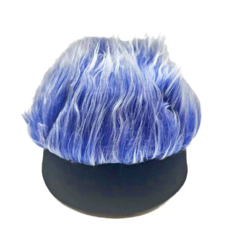 Blue wig on a black headband against a white background