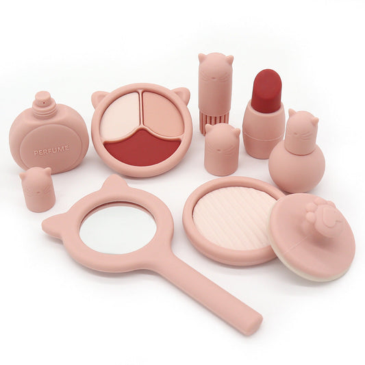 Soft pink silicone pretend makeup set for kids with cat mirror and toy lipstick