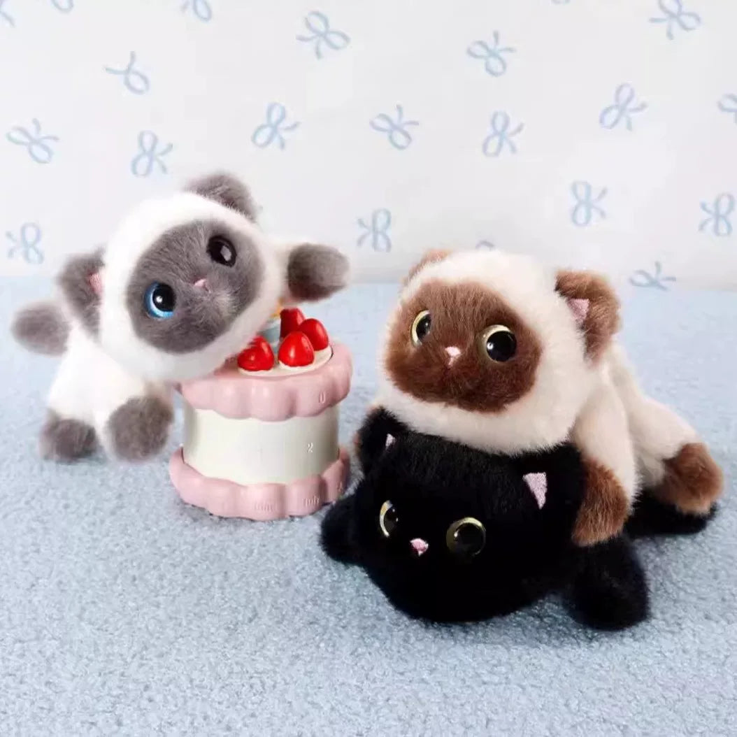 Three plush toys resembling raccoons on a light blue surface with a patterned background.
