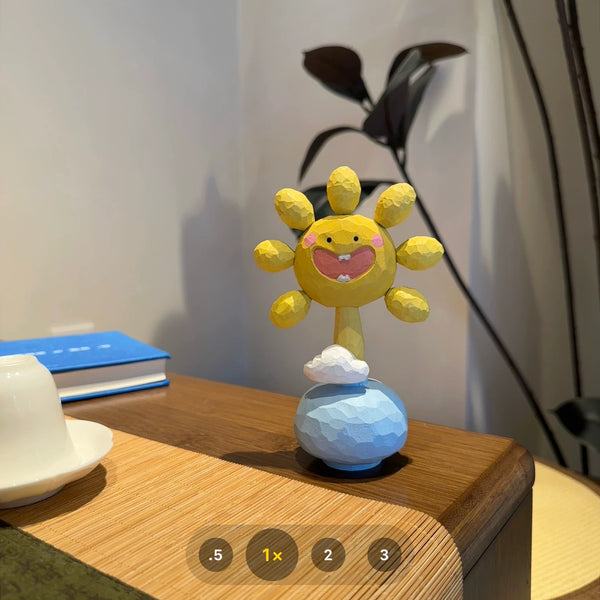 Hand-Carved Wooden Sunflower Desk Ornament