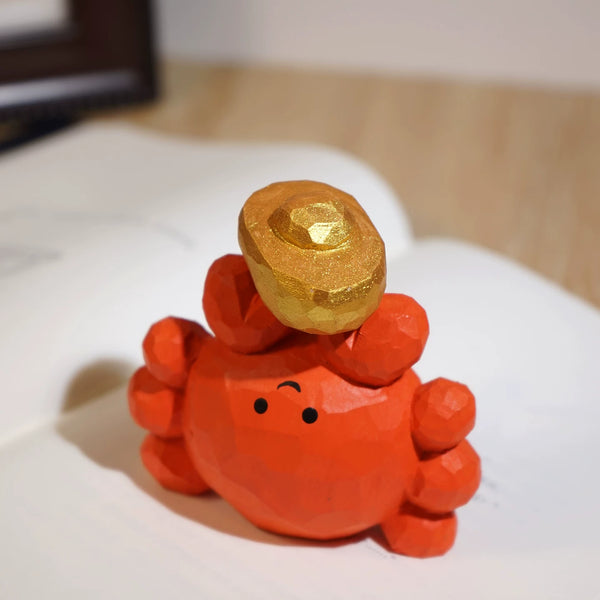 Hand-Carved Wooden Crab with Gold Ingot Ornament