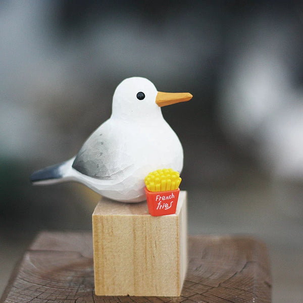 Hand-Carved Wooden Seagull with French Fries Ornament