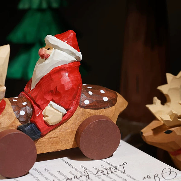 Hand-Carved Wooden Santa and Reindeer Sleigh Ornament FantastiKurios