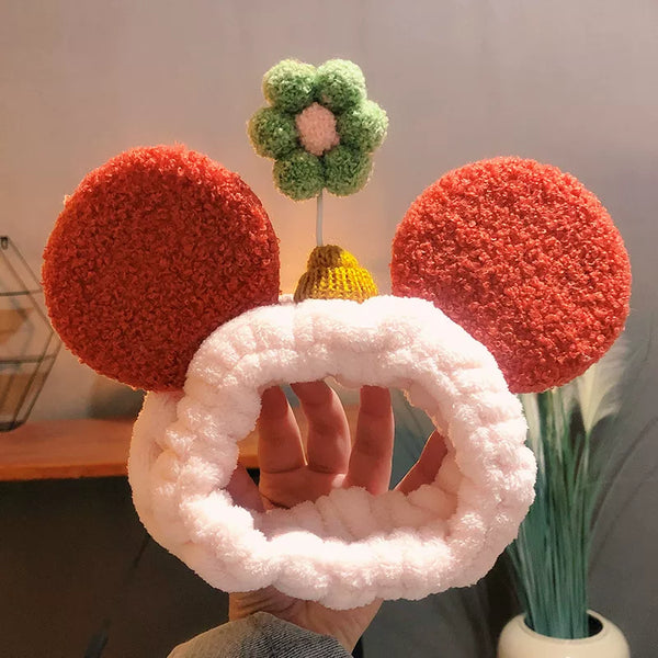 Plush Mouse Ears & Flower Skincare Headband