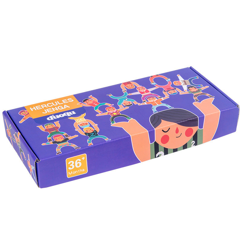 Box with illustrations of a child playing with toys and text on a white background