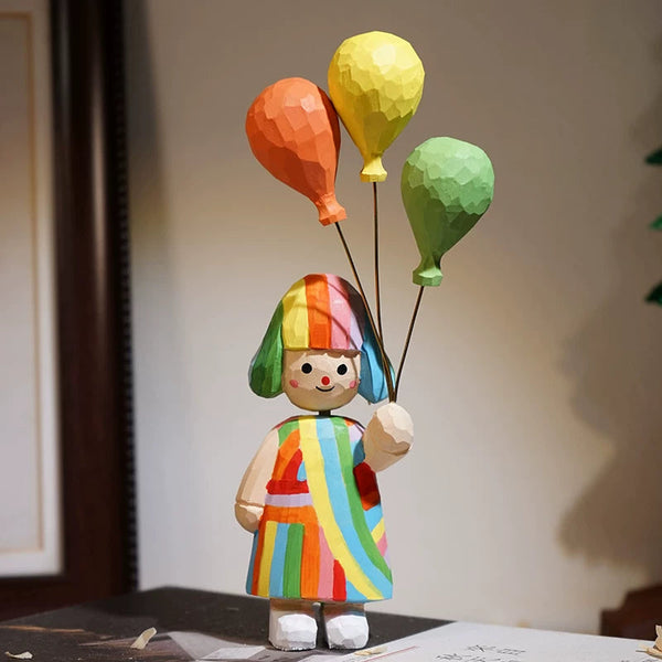 Hand-Carved Colorful Girl and Balloons Wooden Figurine FantastiKurios