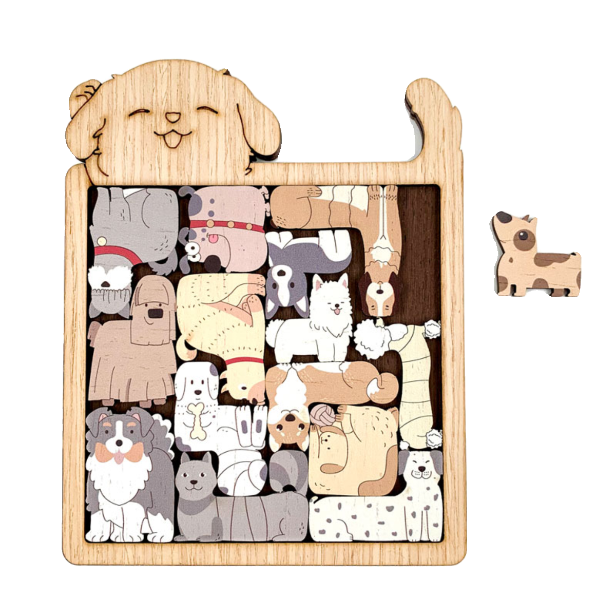 Wooden puzzle with cartoon dogs in a wooden box