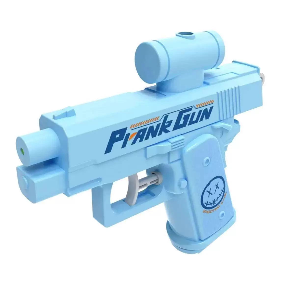 Blue toy gun labeled 'Prank Gun' on a white background