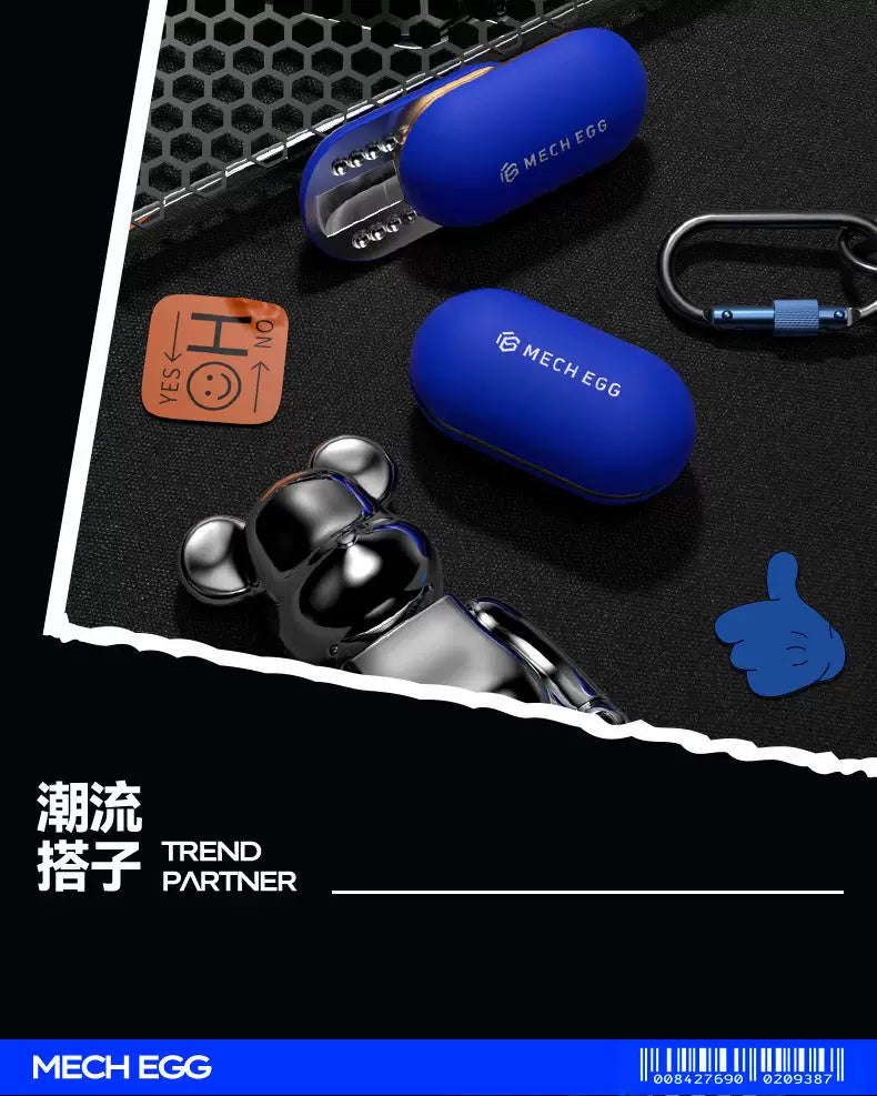 Blue MECH EGG earbuds with charging case on a black surface, featuring brand name and logo.