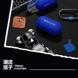 Blue MECH EGG earbuds with charging case on a black surface, featuring brand name and logo.