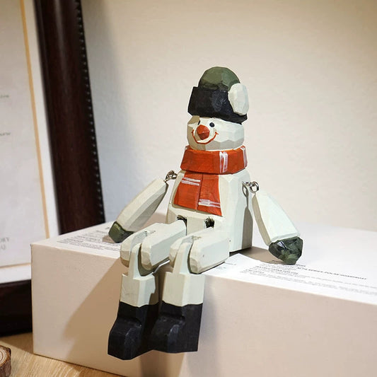 Hand-Painted Wooden Sitting Snowman Figurine with Jointed Legs FantastiKurios