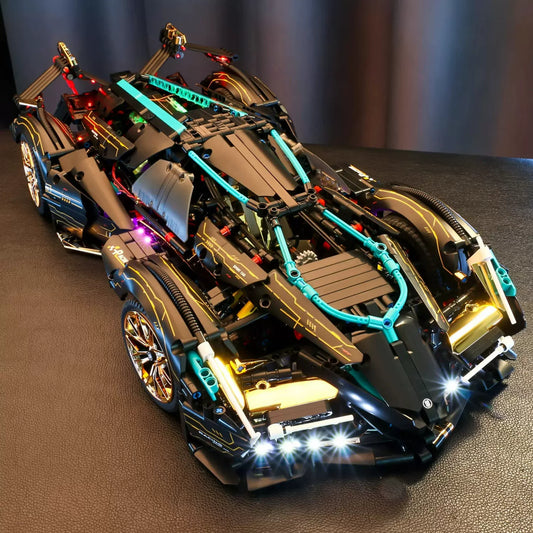 Detailed model of a sports car with illuminated components on a dark surface