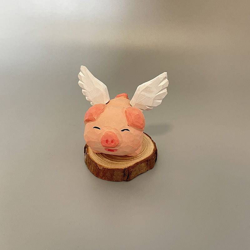 Hand-Carved Wooden Flying Pig Figurine