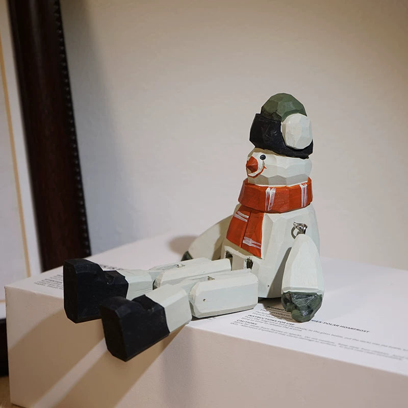 Hand-Painted Wooden Sitting Snowman Figurine with Jointed Legs FantastiKurios