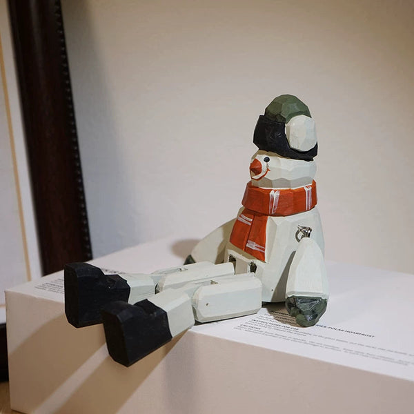 Hand-Painted Wooden Sitting Snowman Figurine with Jointed Legs FantastiKurios