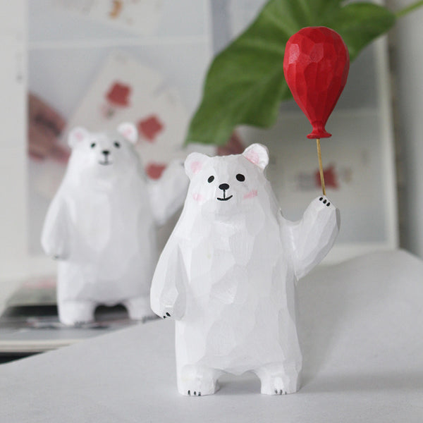 Hand-Carved Wooden Polar Bear with Balloon