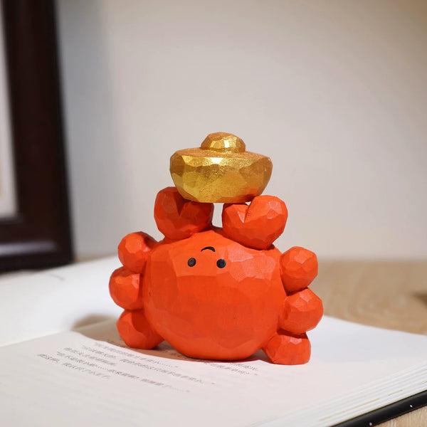 Hand-Carved Wooden Crab with Gold Ingot Ornament