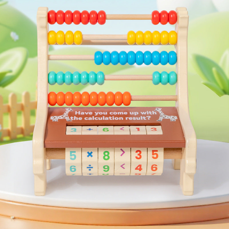 Wooden abacus with colorful beads and arithmetic blocks on a white surface with a green outdoor background.