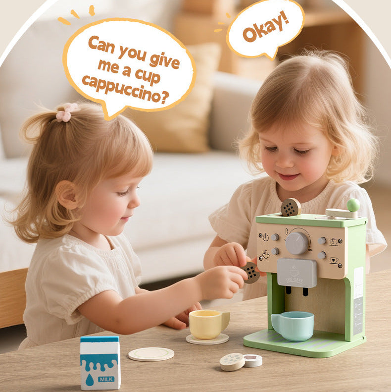 Two children playing with a toy espresso machine in a cozy living room.