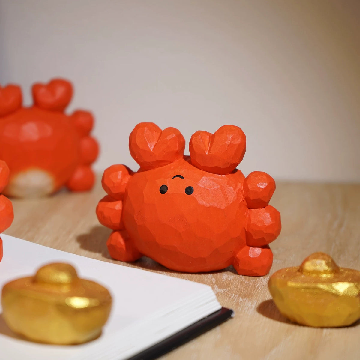 Hand-Carved Wooden Crab with Gold Ingot Ornament