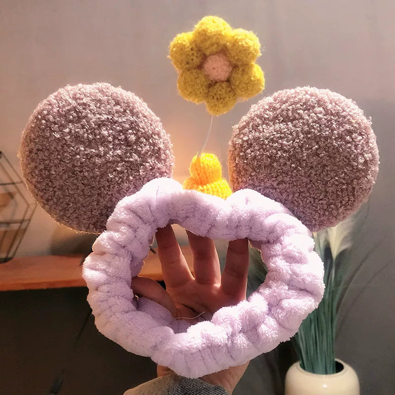 Plush Mouse Ears & Flower Skincare Headband
