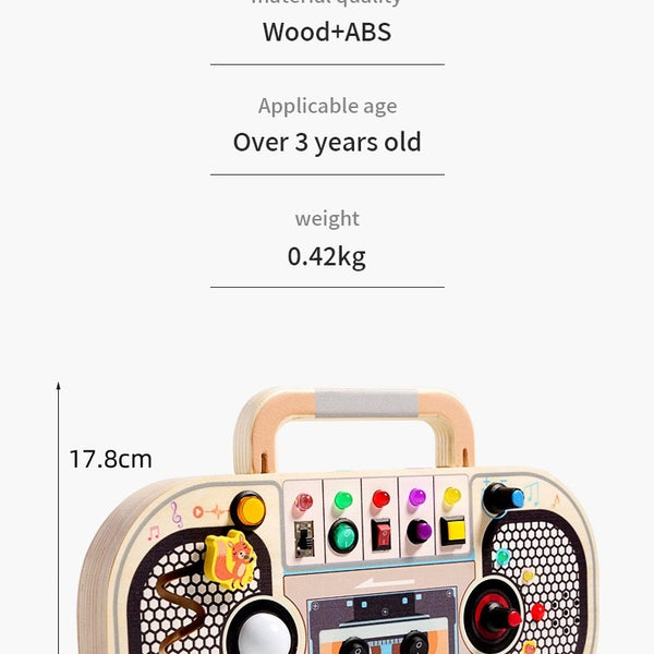 Retro Wooden Boombox Busy Board with LED Lights and Switches